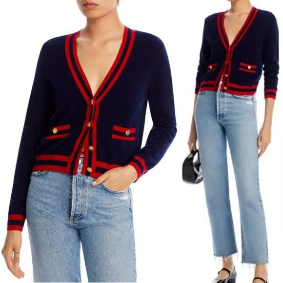 AQUA 100% Cashmere Stripe Trim Novelty Button Cardigan Sweater XXL Navy Red NEW - Picture 1 of 11